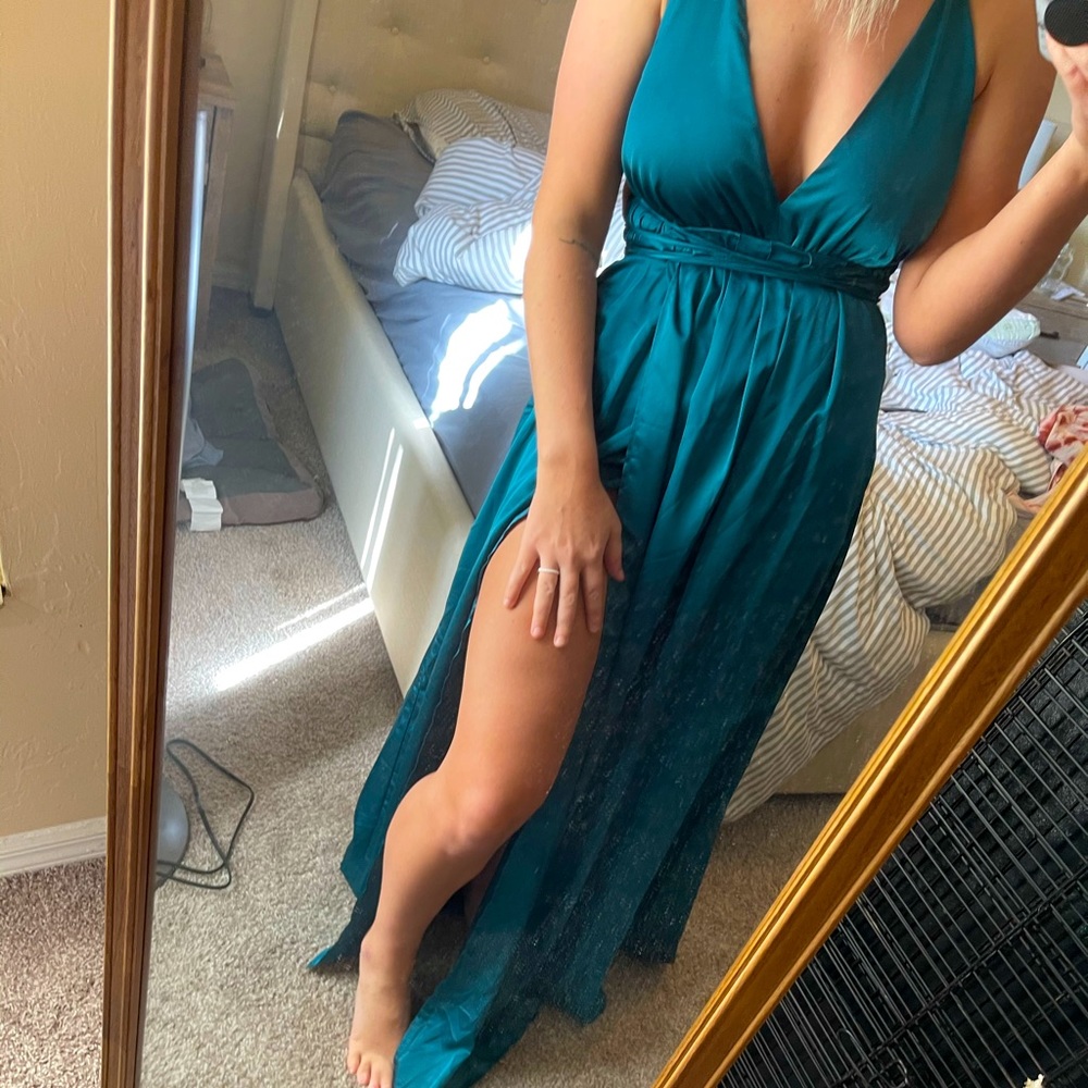 teal blue satin open back floorlength dress